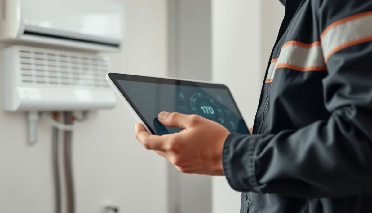 Technicien vérifiant le réglage d'une pompe à chaleur avec une tablette