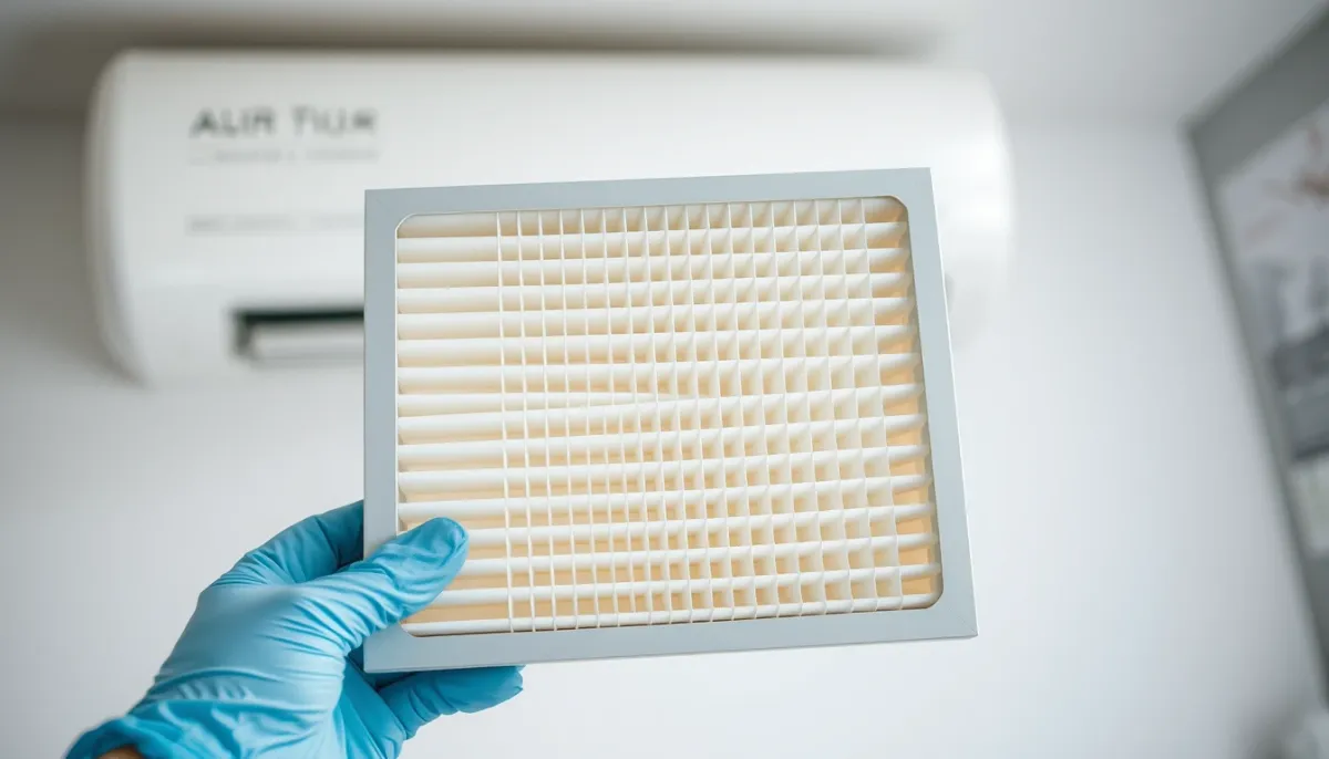 Filtre de climatisation propre tenu par une main gantée après nettoyage