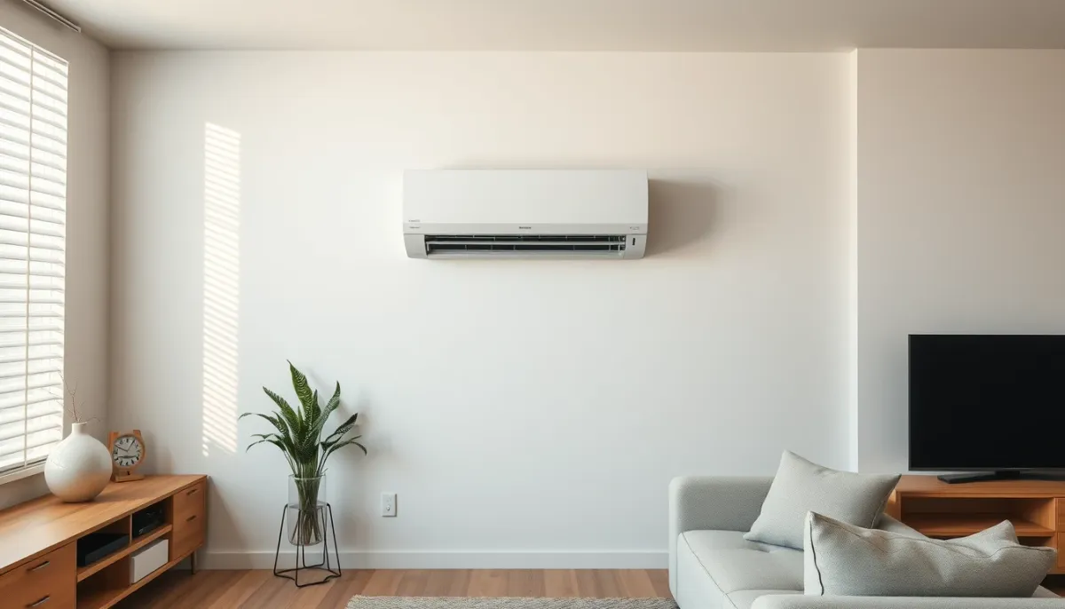 Salon moderne avec climatisation murale éteinte, alternative à l'entretien obligatoire