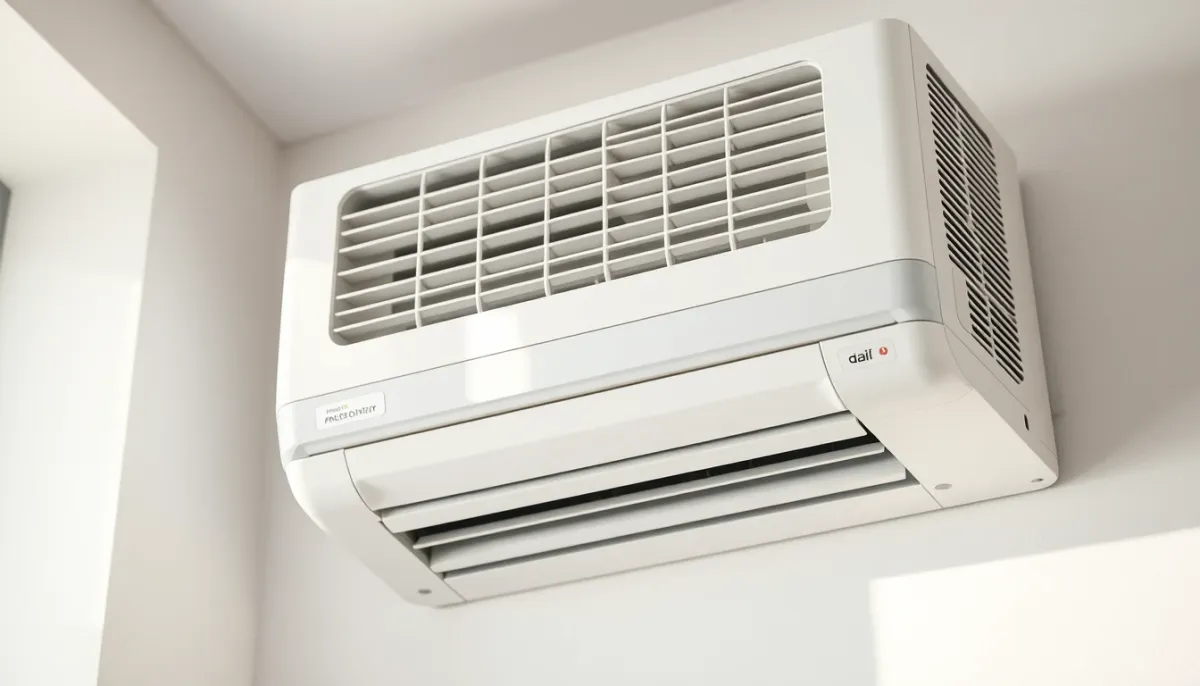 Gros plan sur une unité intérieure de climatisation murale blanche en fonctionnement