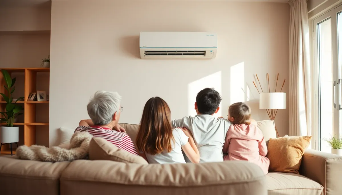 Famille se détendant dans un salon climatisé avec une unité murale visible en arrière-plan
