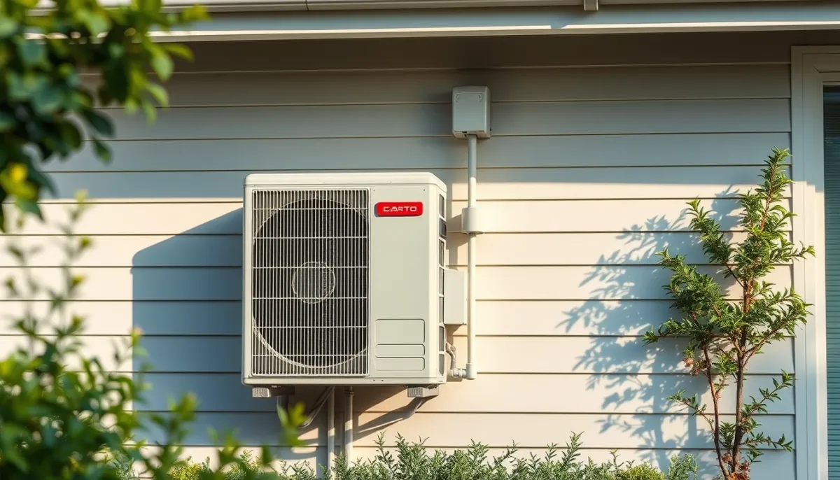 Unité extérieure de climatisation installée sur le mur d'une maison avec jardin