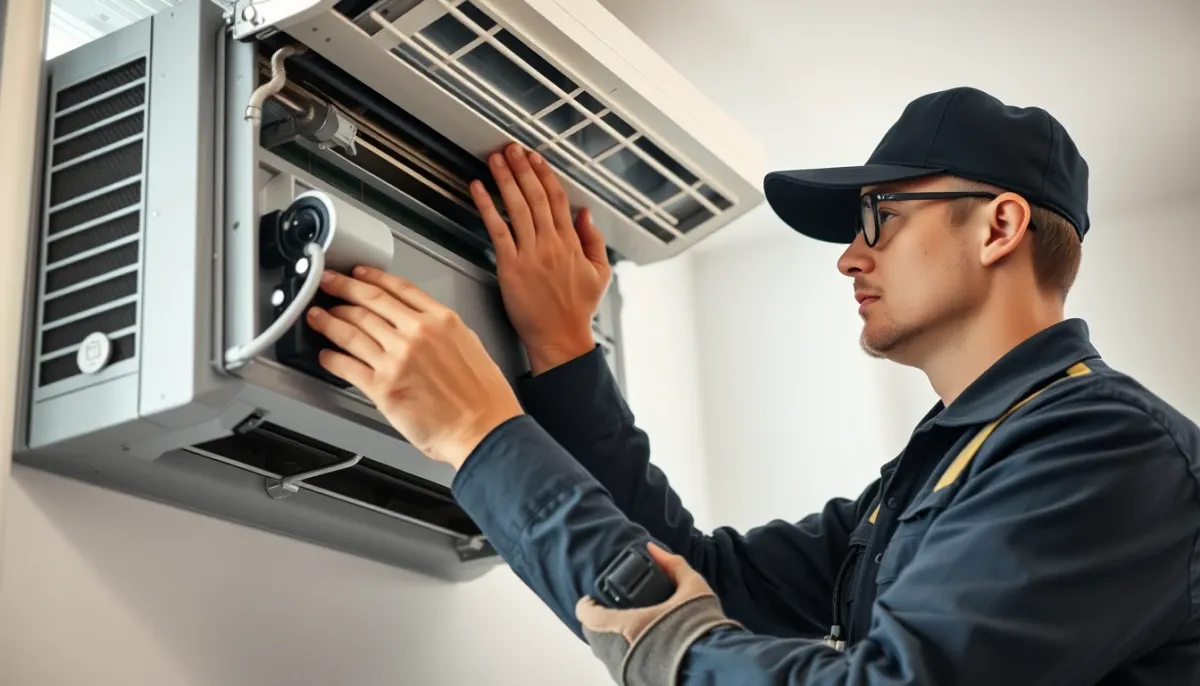 Technicien installant une unité de climatisation murale dans une pièce lumineuse