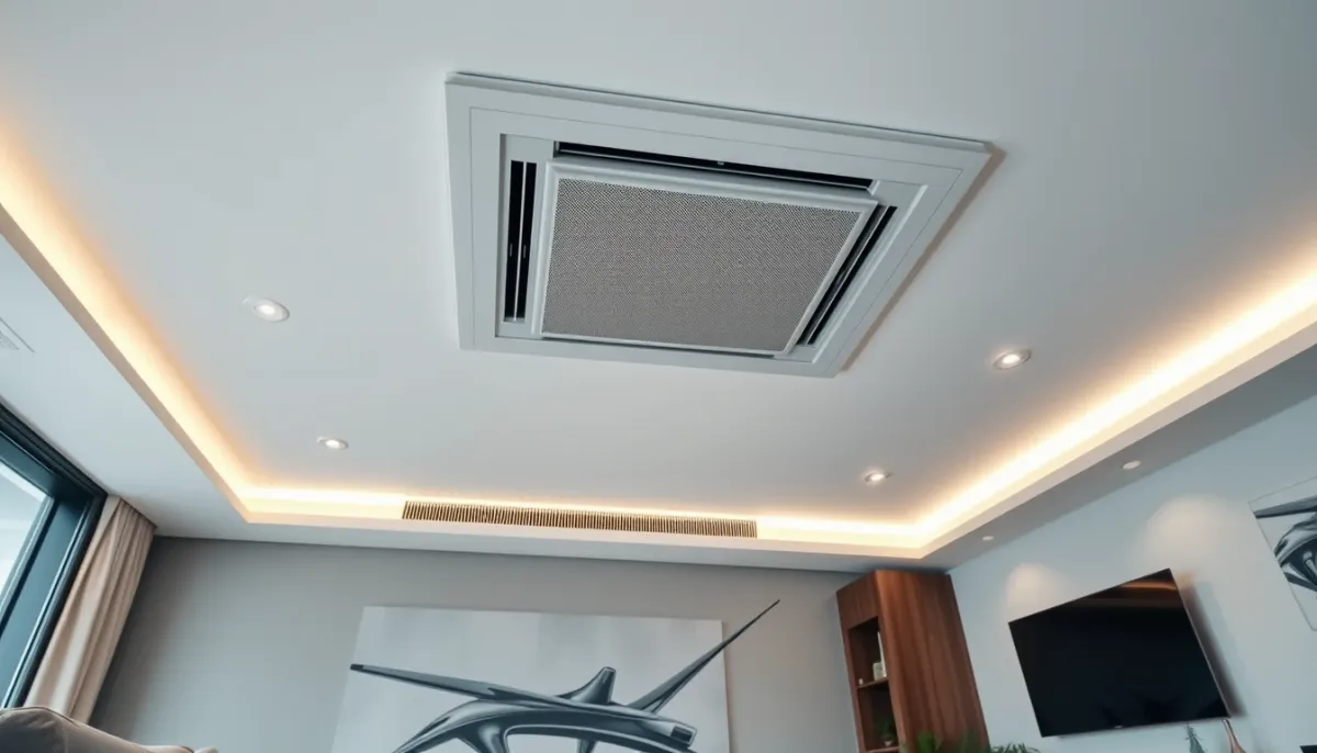 Grille de climatisation gainable intégrée dans un faux plafond moderne