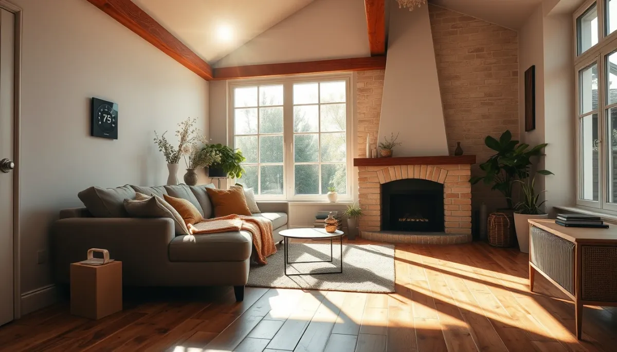 Salon confortable chauffé par une pompe à chaleur Daikin Altherma avec plancher chauffant