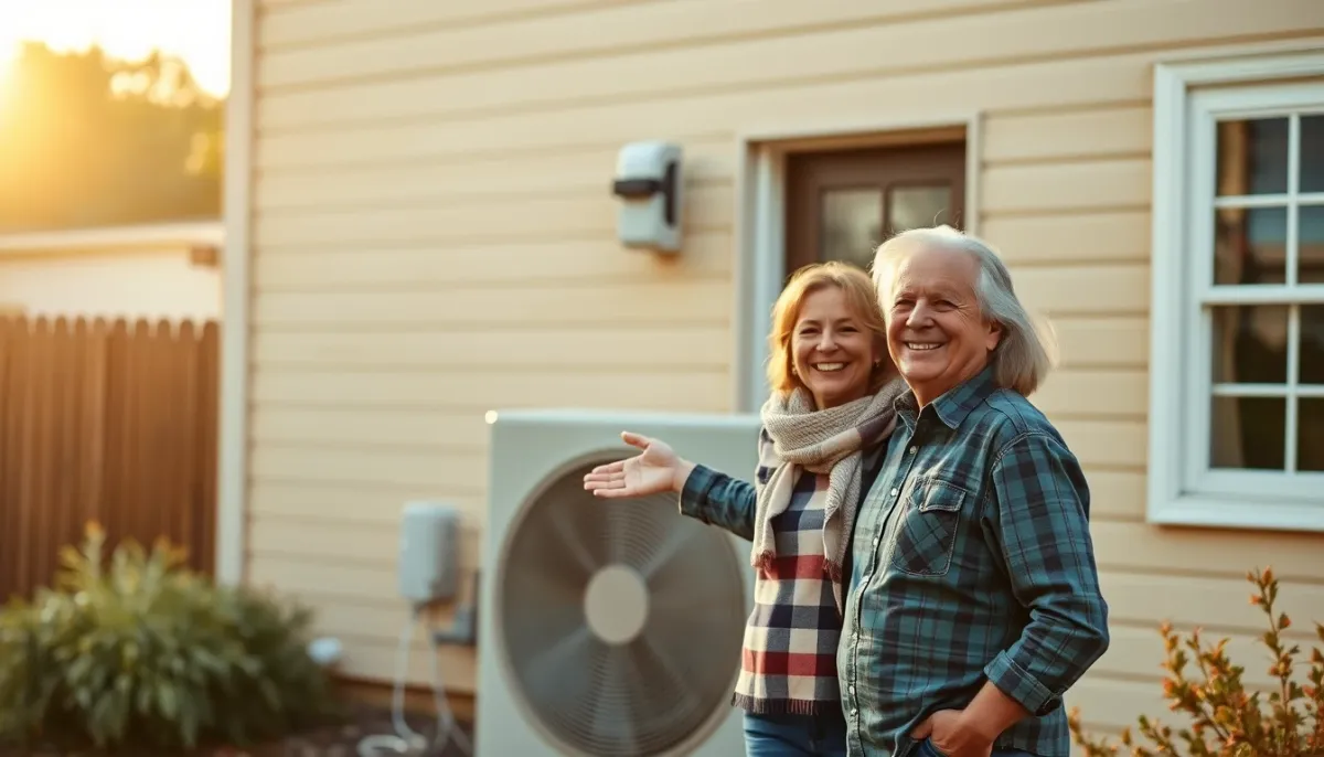 Couple propriétaire satisfait devant sa maison équipée d'une pompe à chaleur Daikin Altherma