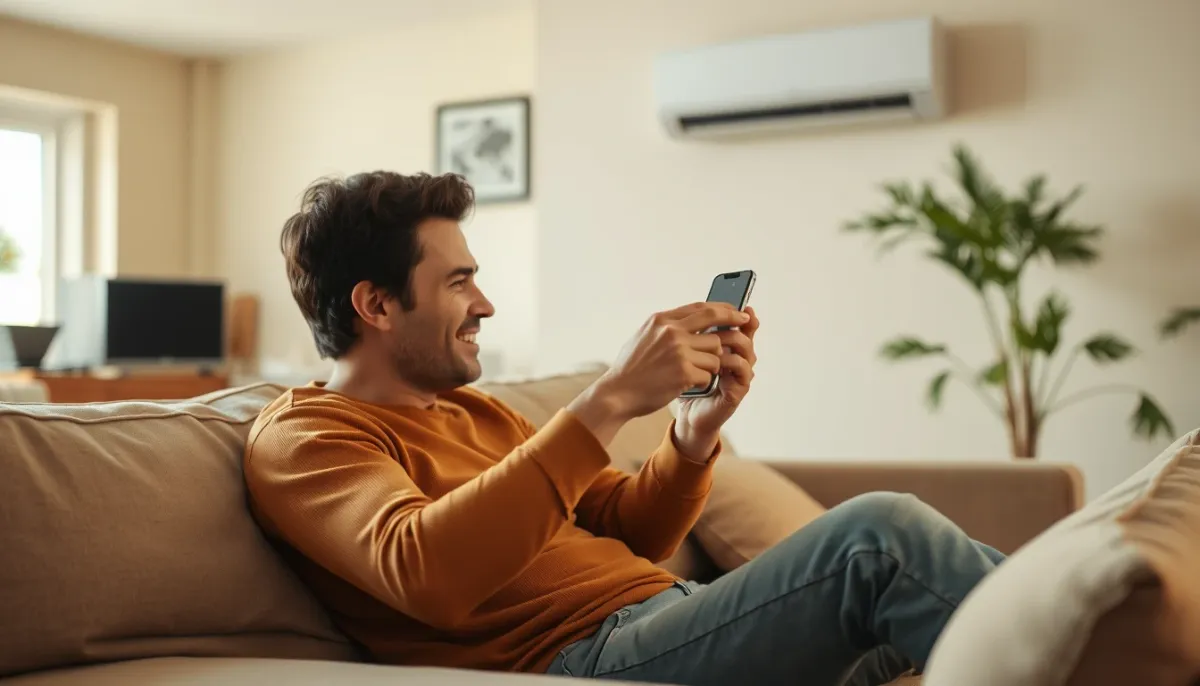 Utilisateur contrôlant la température de sa PAC air/air via une application smartphone
