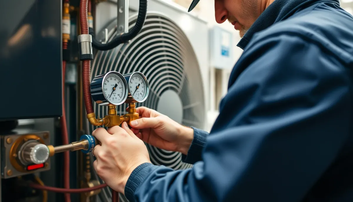 Technicien qualifié contrôlant le circuit frigorifique d'une pompe à chaleur