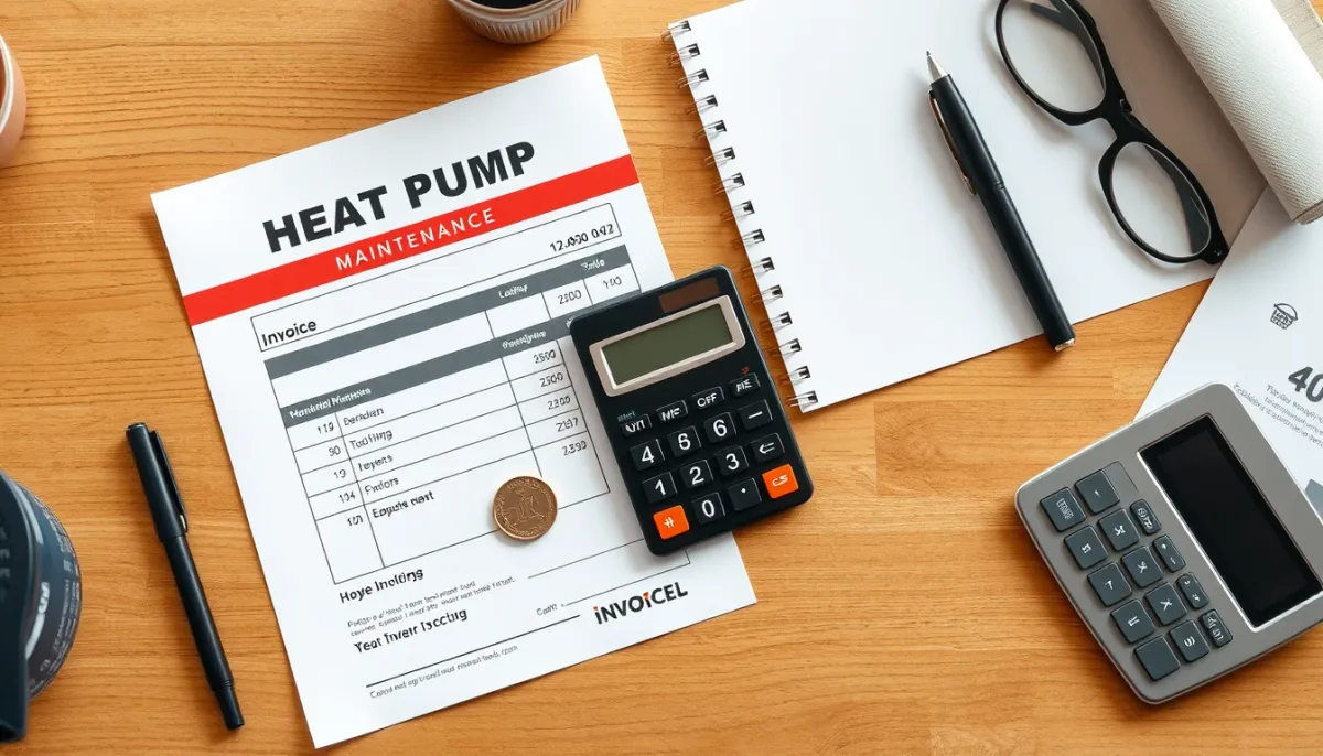Facture d'entretien d'une pompe à chaleur et calculatrice sur un bureau