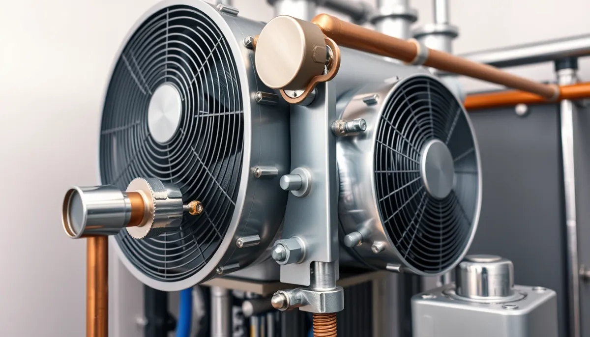 Gros plan sur les composants techniques d'un chauffe-eau thermodynamique, montrant la pompe à chaleur et les raccords