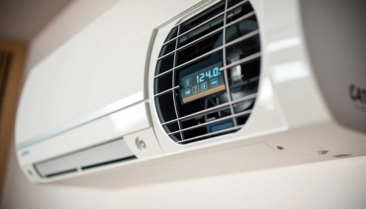 Gros plan sur l'unité intérieure d'une climatisation réversible Mitsubishi Electric