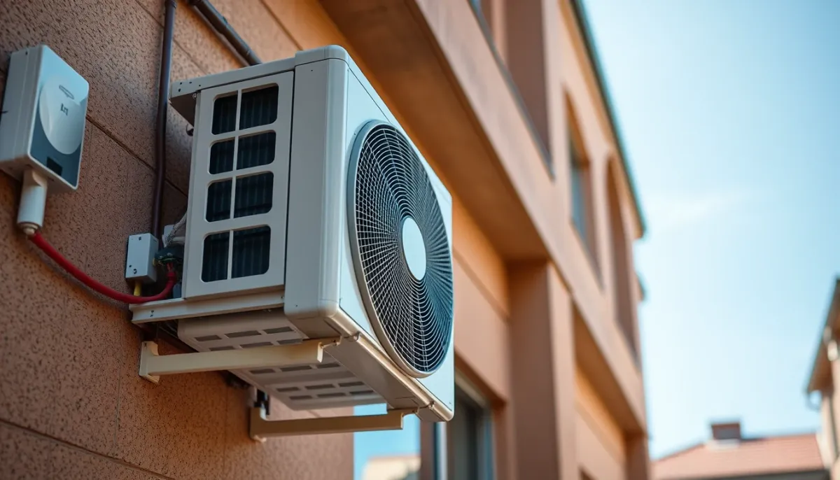 Unité extérieure d'une climatisation réversible Mitsubishi installée sur une façade