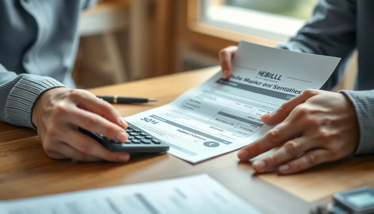 Mains tenant une facture d'énergie et une calculatrice pour estimer les primes