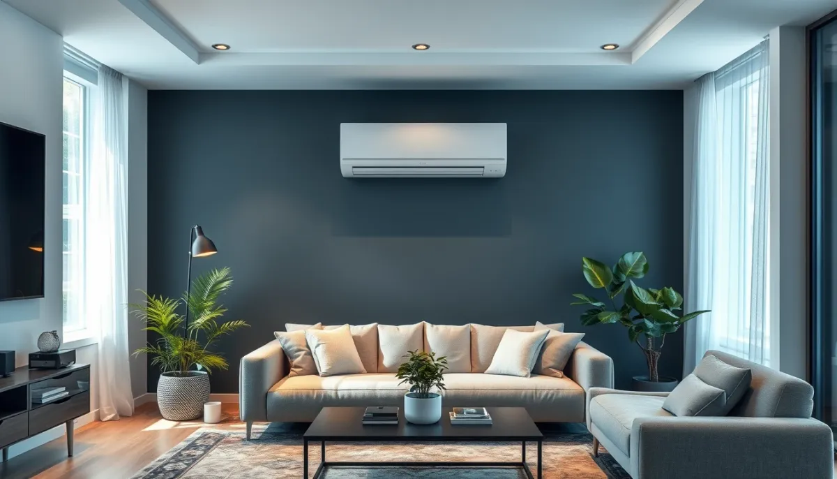 Intérieur contemporain avec une PAC air/air Atlantic en fonctionnement
