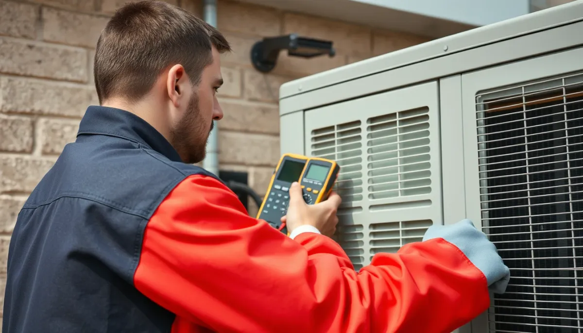 Technicien vérifiant l'unité extérieure d'une climatisation