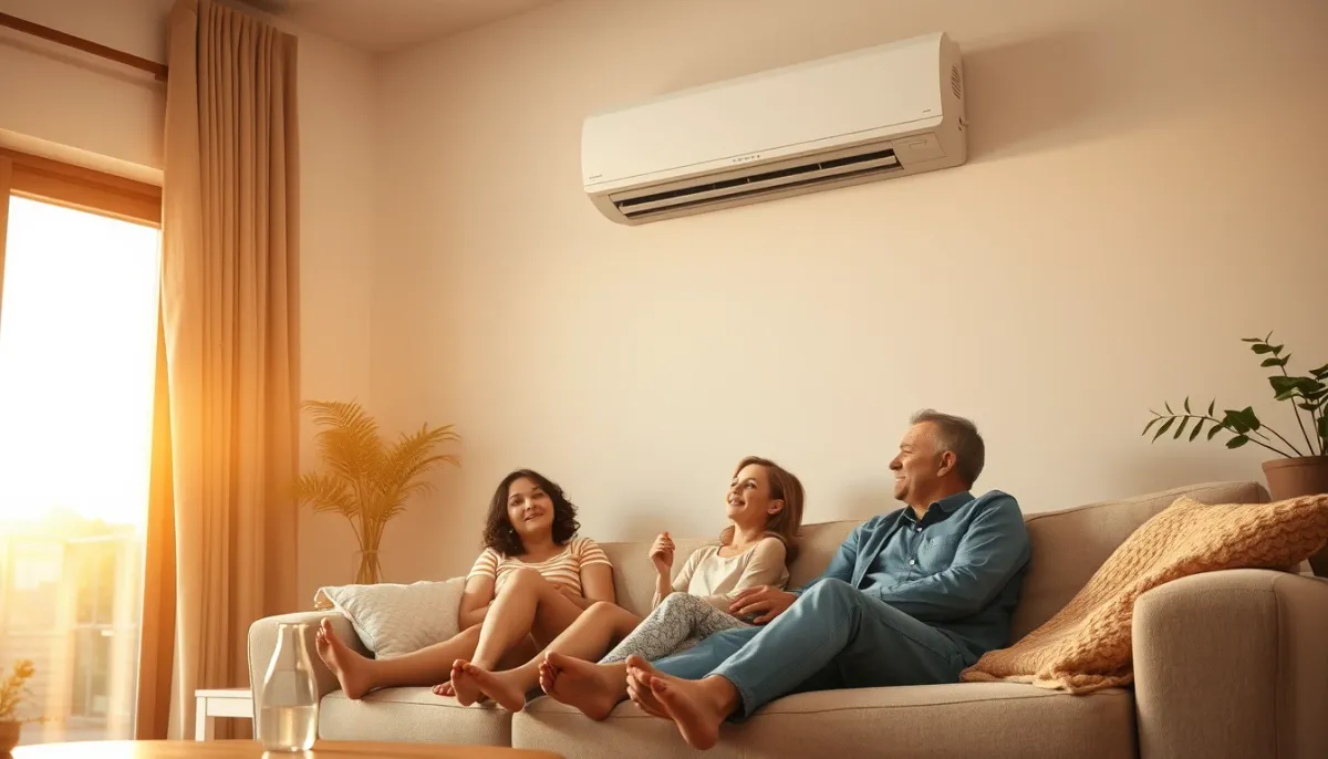 Famille profitant d'un intérieur confortable grâce à la climatisation réversible