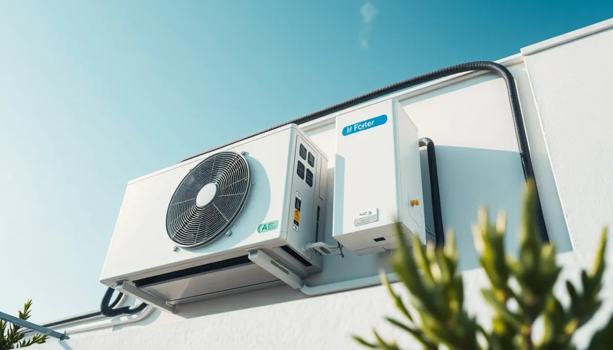 Unité extérieure de climatisation réversible installée sur une terrasse