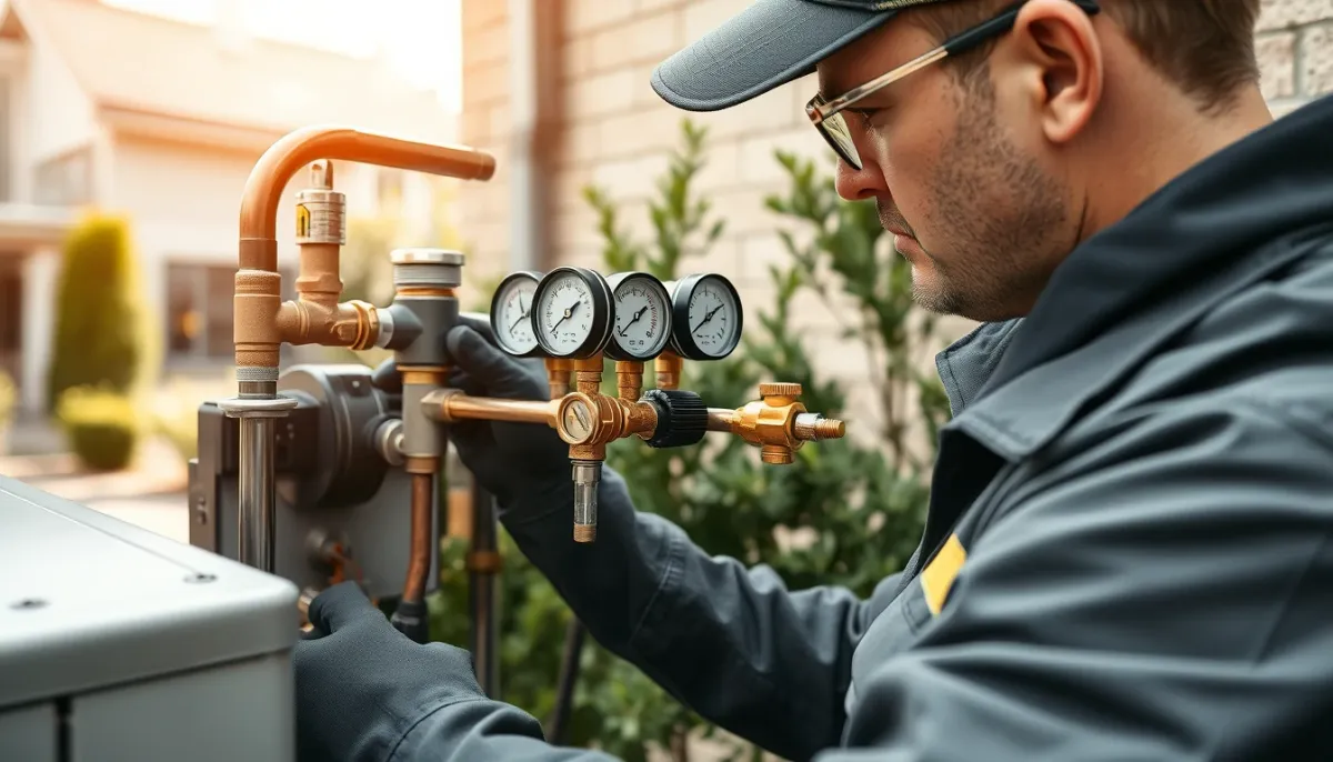 Technicien certifié réalisant une recharge de gaz avec manomètres et pompe à vide sur une climatisation