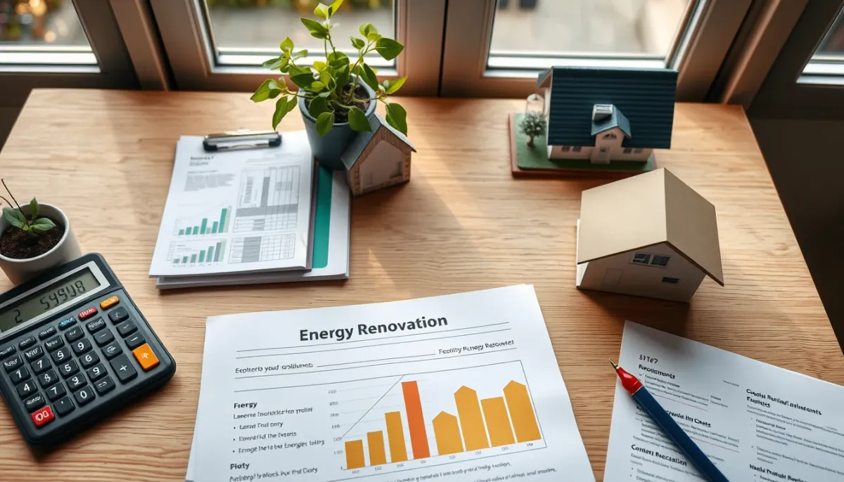 Documents de rénovation énergétique et calculatrice sur un bureau pour estimer les aides