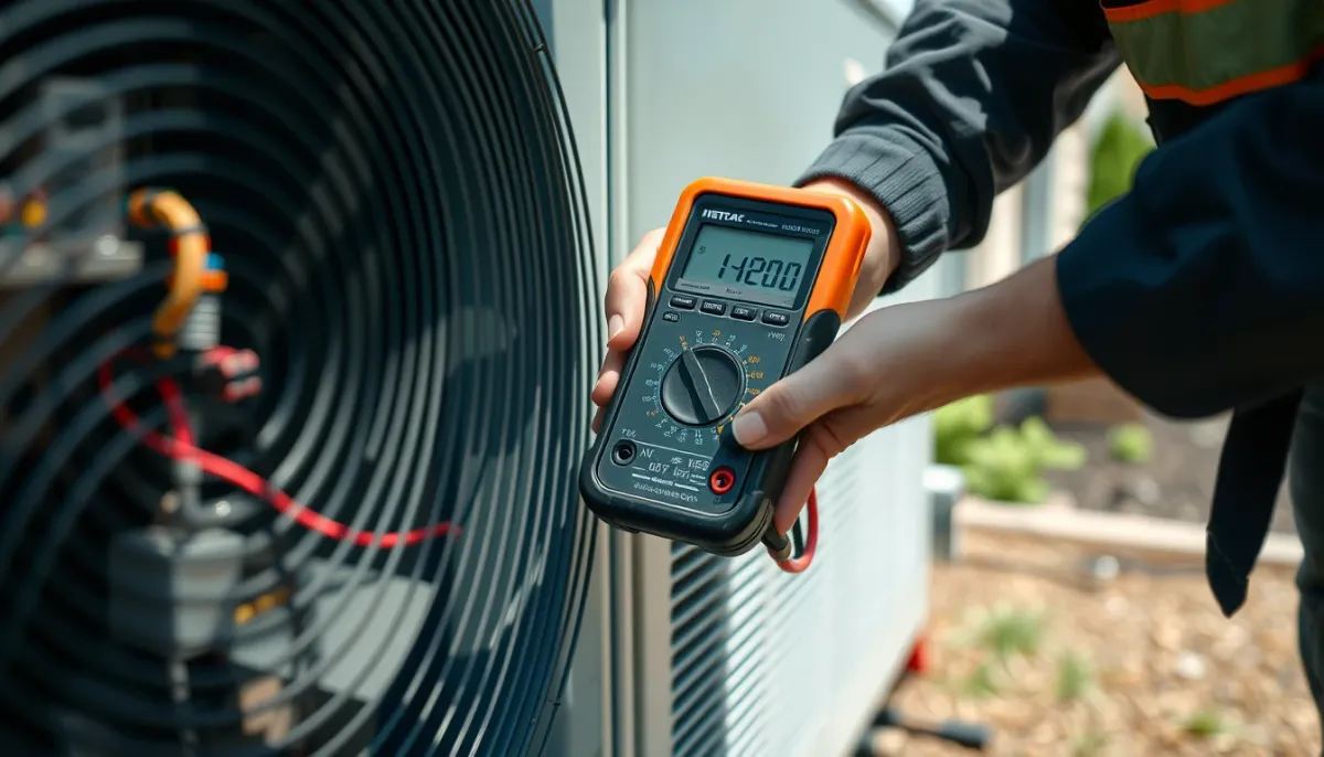 Technicien vérifiant les paramètres d'une pompe à chaleur air/air avec un multimètre
