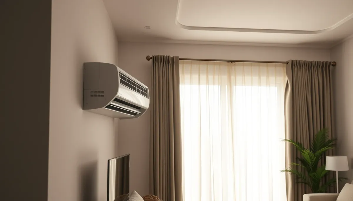 Salon moderne équipé d'une pompe à chaleur air/air murale en fonctionnement