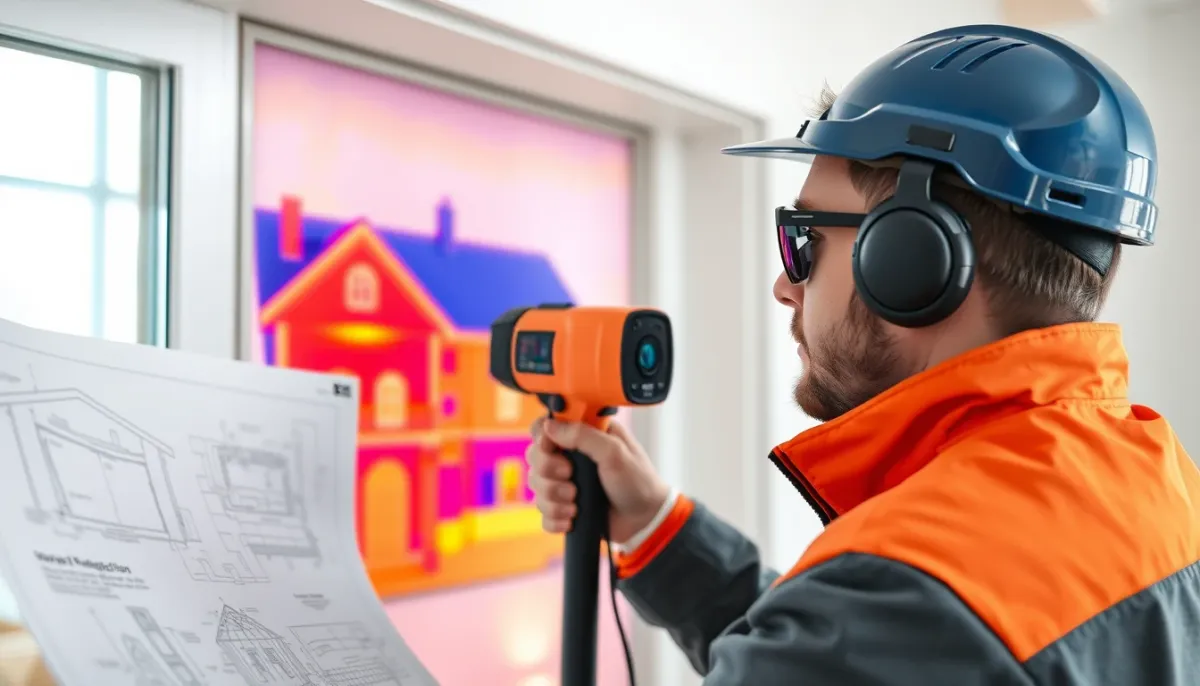 Technicien réalisant une étude thermique avec une caméra thermique et des plans