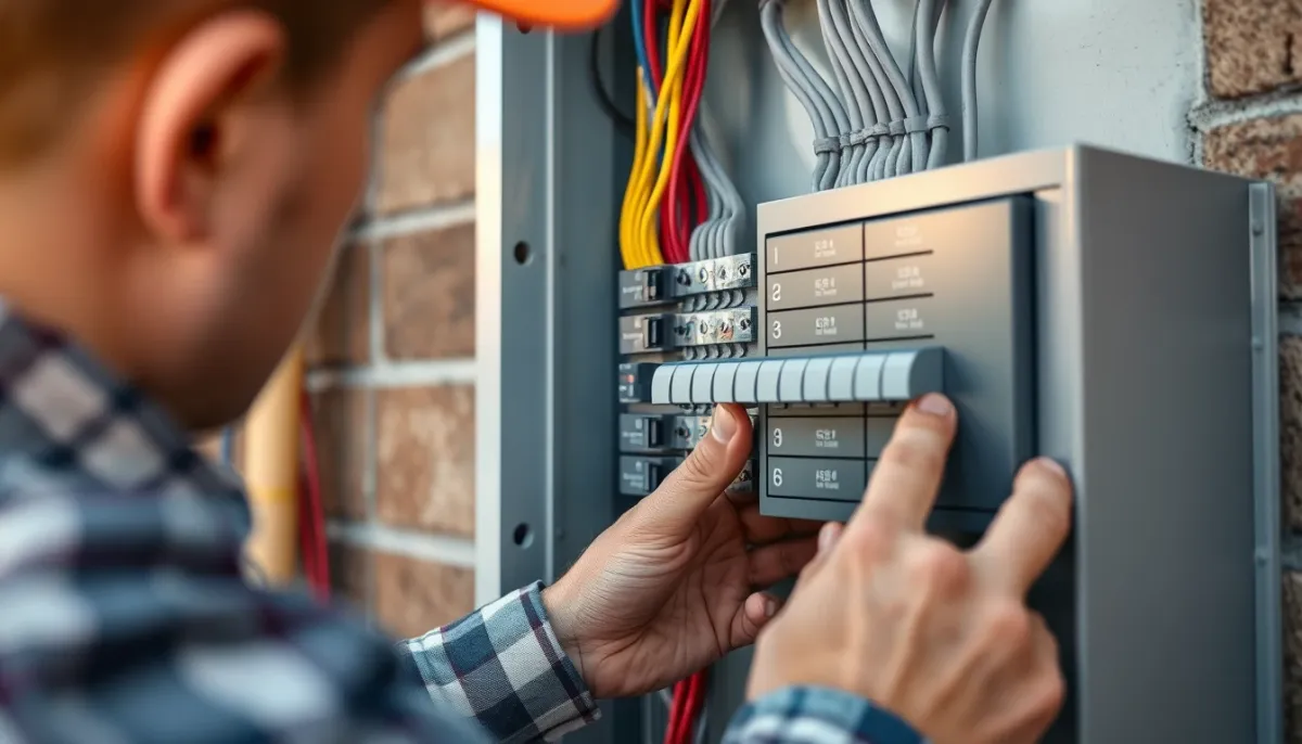 Électricien raccordant le circuit électrique dédié à une pompe à chaleur