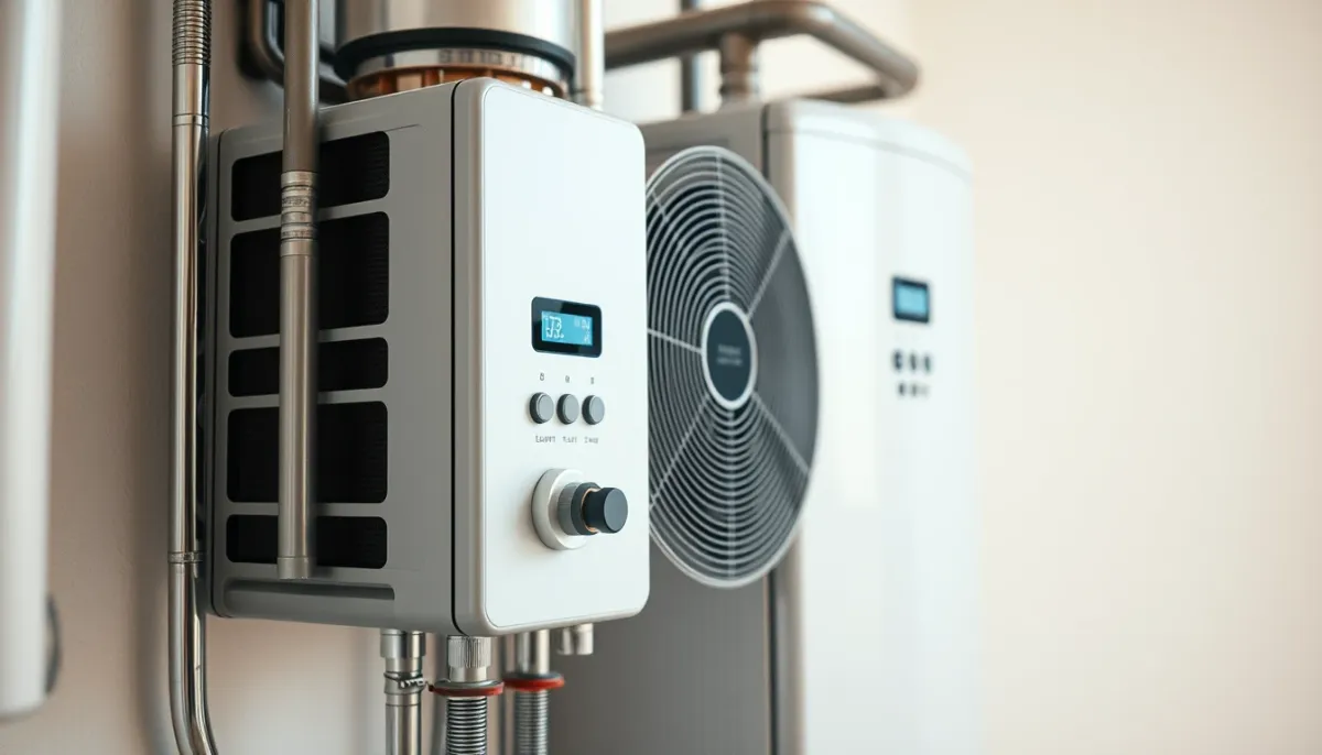 Gros plan sur les composants techniques d'un chauffe-eau thermodynamique 200 litres