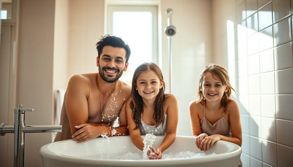 Famille utilisant l'eau chaude sanitaire dans une salle de bain moderne