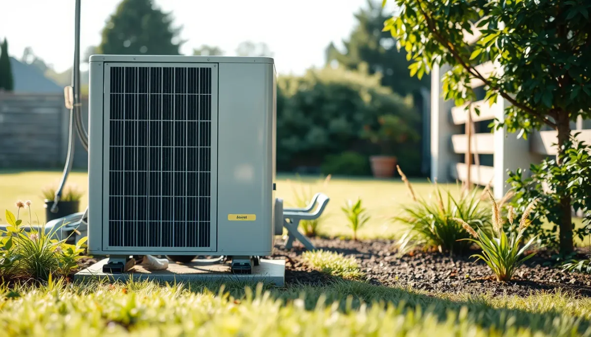 Unité extérieure de climatisation entretenue et dégagée dans un jardin
