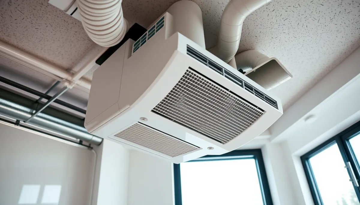 Unité intérieure encastrée d'une climatisation gainable dans un faux plafond avec gaines isolées