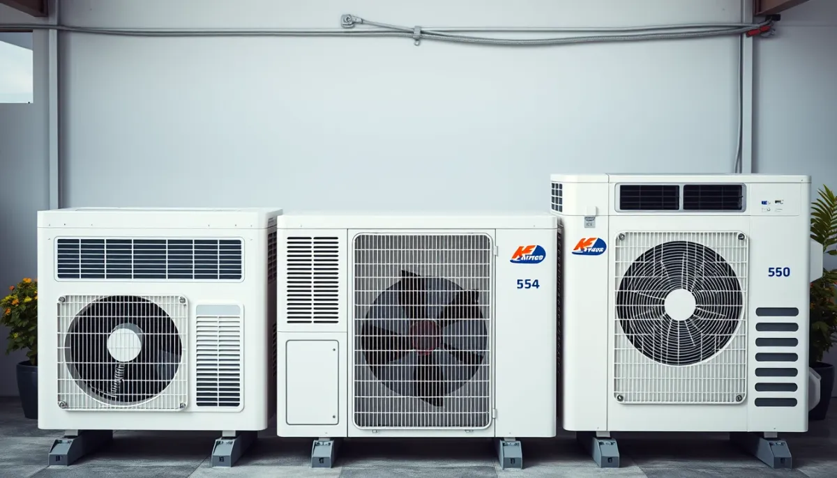 Trois unités extérieures de climatisation gainable de marques différentes alignées pour comparaison
