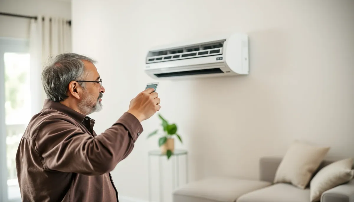 Personne réglant la télécommande d'une climatisation réversible dans un salon