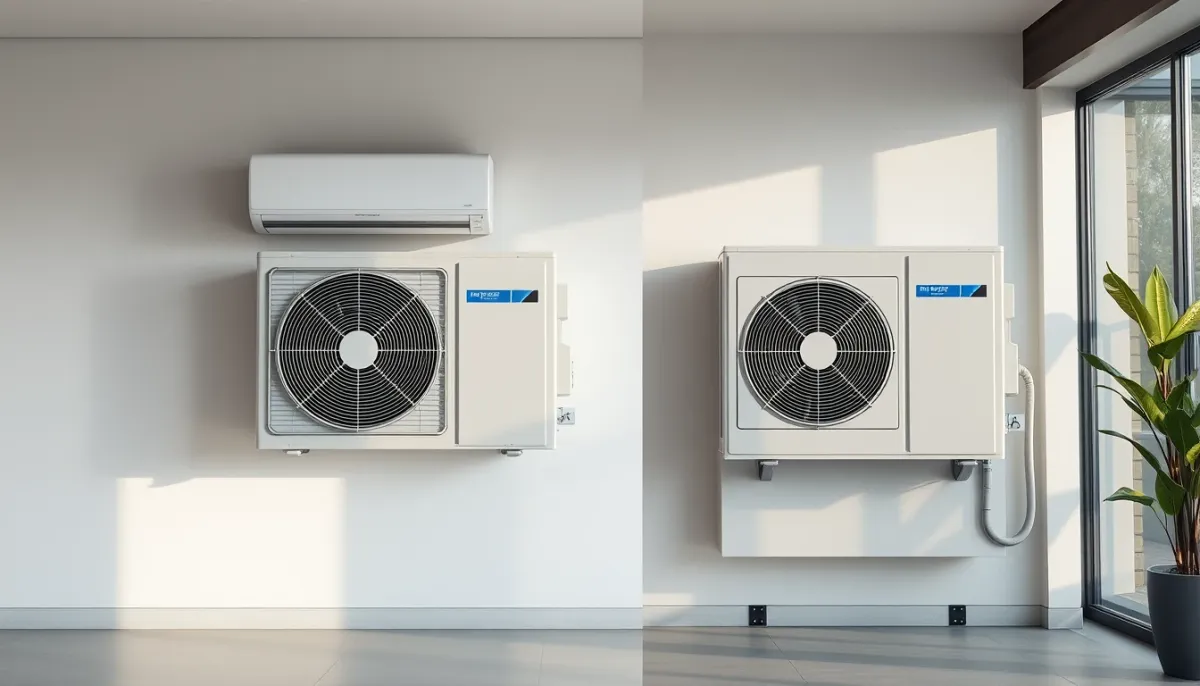 Comparaison visuelle entre une climatisation réversible murale et une pompe à chaleur air/eau