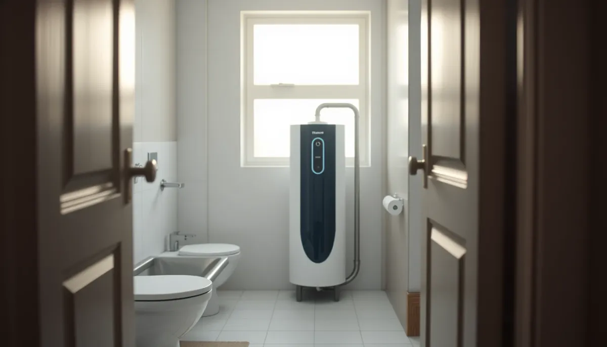 Salle de bain moderne avec chauffe-eau thermodynamique en arrière-plan