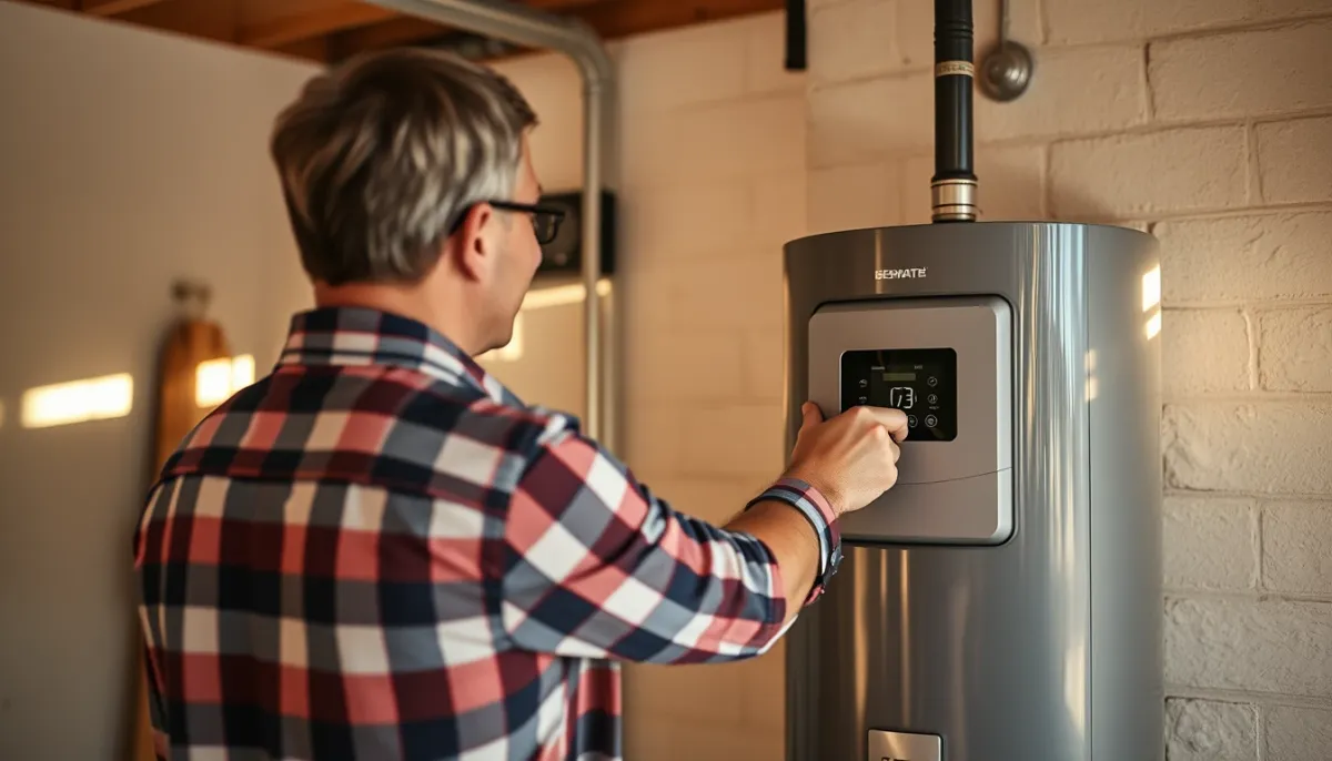Propriétaire réglant le thermostat d'un chauffe-eau thermodynamique