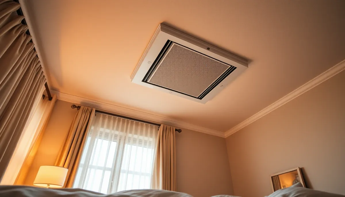 Grille de soufflage discrète au plafond d'une chambre à coucher