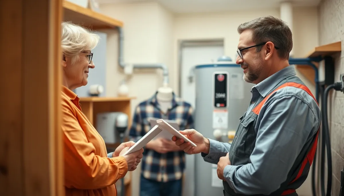 Propriétaire et technicien discutant de l'installation d'un chauffe-eau thermodynamique