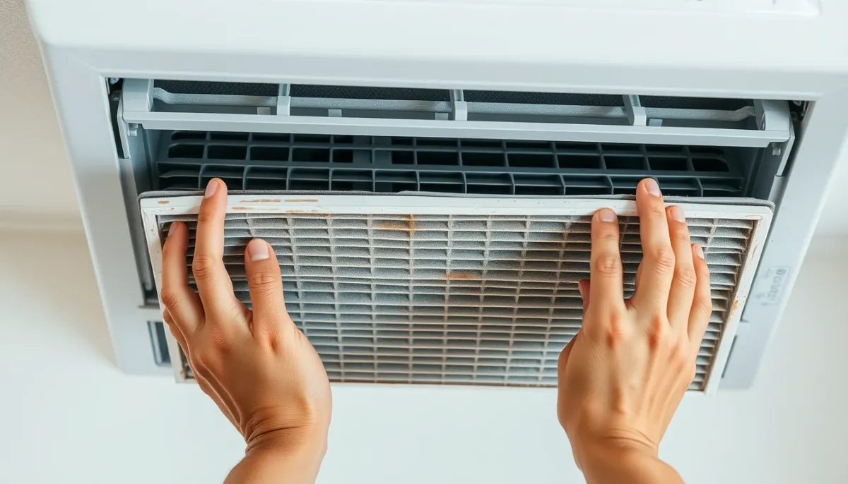 Mains nettoyant un filtre à air encrassé d'un climatiseur