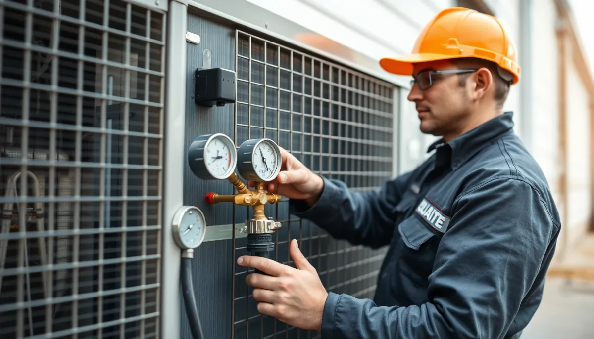 Technicien qualifié utilisant des manomètres sur une unité extérieure de climatisation
