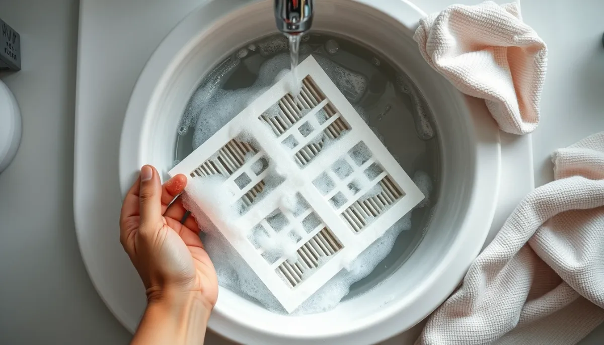 Lavage des filtres de climatisation à l'eau savonneuse dans un évier