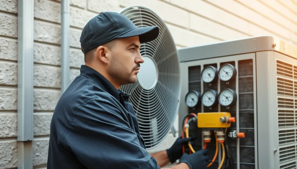 Technicien certifié effectuant la maintenance du circuit frigorifique d'une climatisation