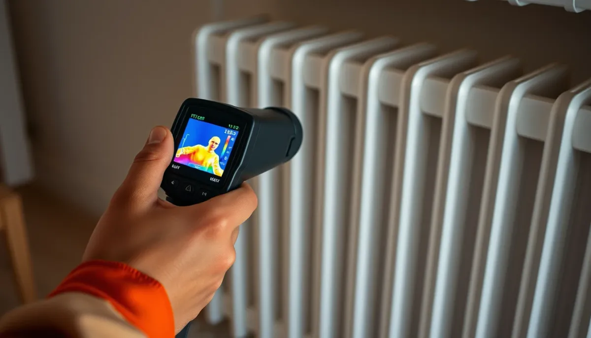 Technicien utilisant une caméra thermique pour inspecter un radiateur