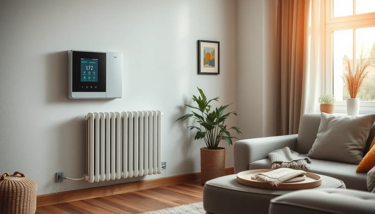 Salon confortable avec un radiateur basse température et un panneau de contrôle de pompe à chaleur