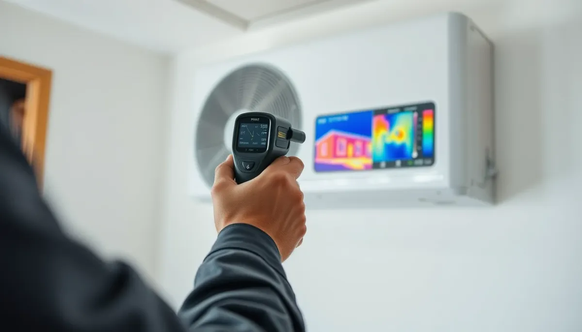 Technicien utilisant une caméra thermique pour vérifier le rendement d'une pompe à chaleur air/air