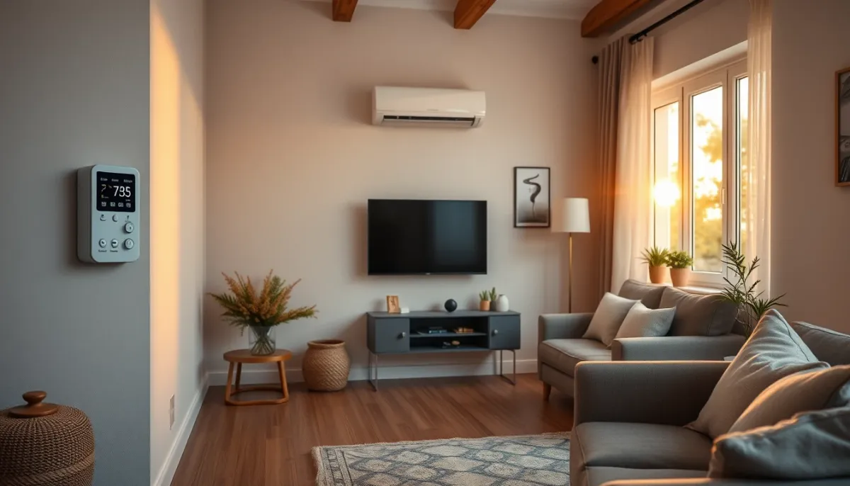 Salon confortable avec pompe à chaleur air/air et thermostat programmable, illustrant les économies réalisées