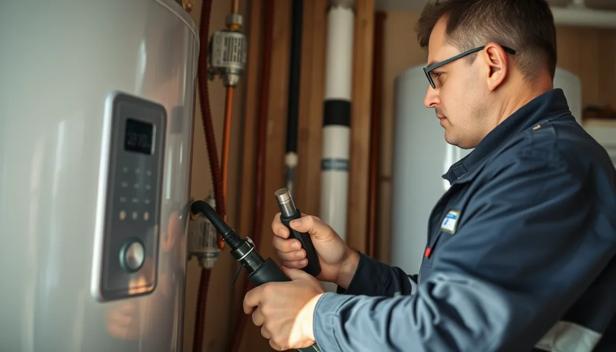 Technicien qualifié intervenant sur un chauffe-eau thermodynamique avec des outils spécialisés