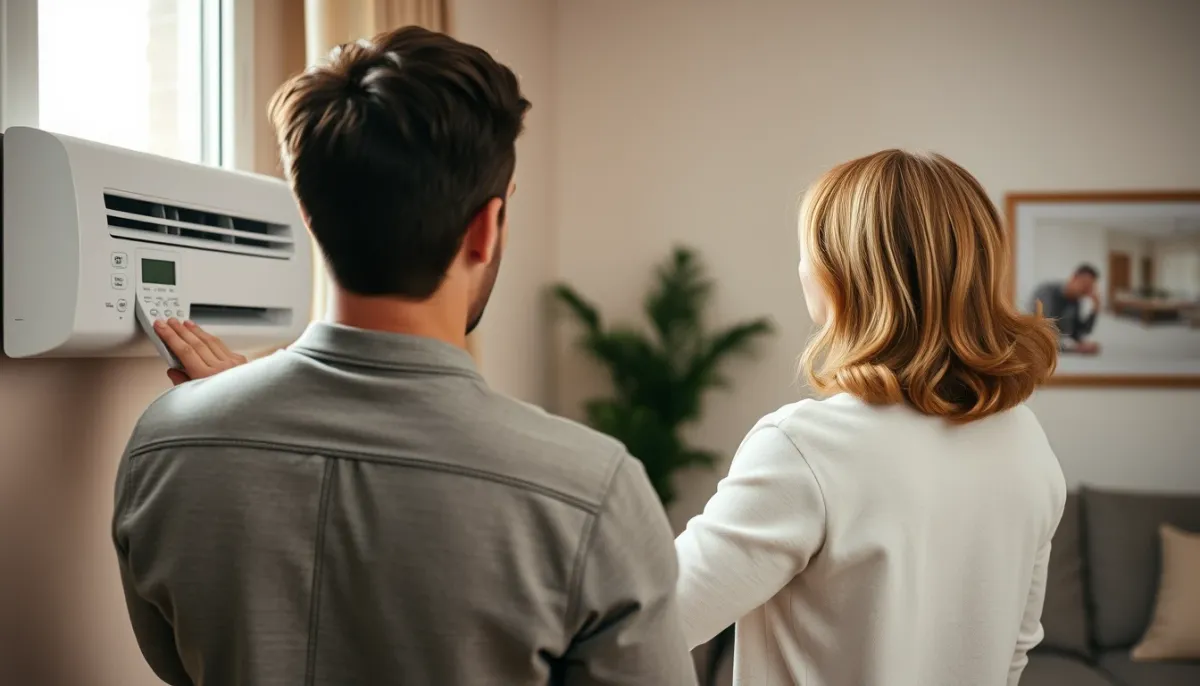 Un couple ajuste la télécommande d'une pompe à chaleur air/air dans son salon