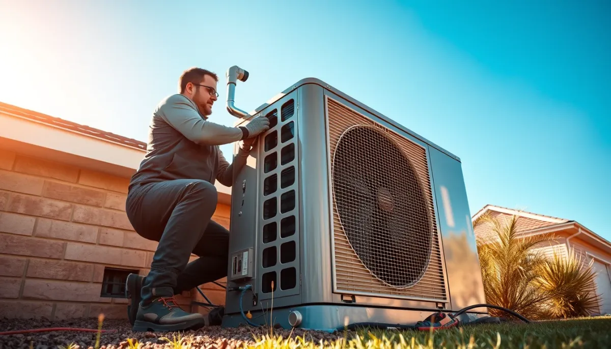 Technicien installant une pompe à chaleur air/air en extérieur