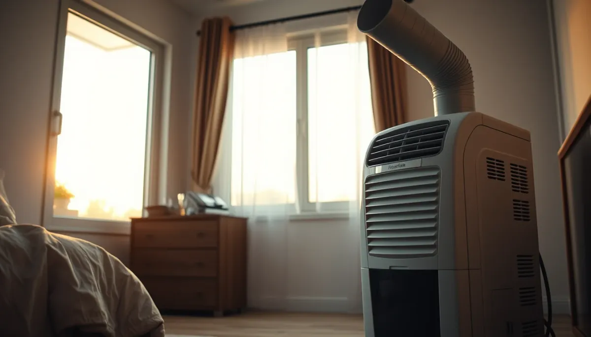 Climatisation mobile dans une chambre avec gaine d'évacuation vers la fenêtre